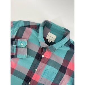 American Eagle Men's Large Teal Pink Classic Fit Light Flannel Button Up Shirt